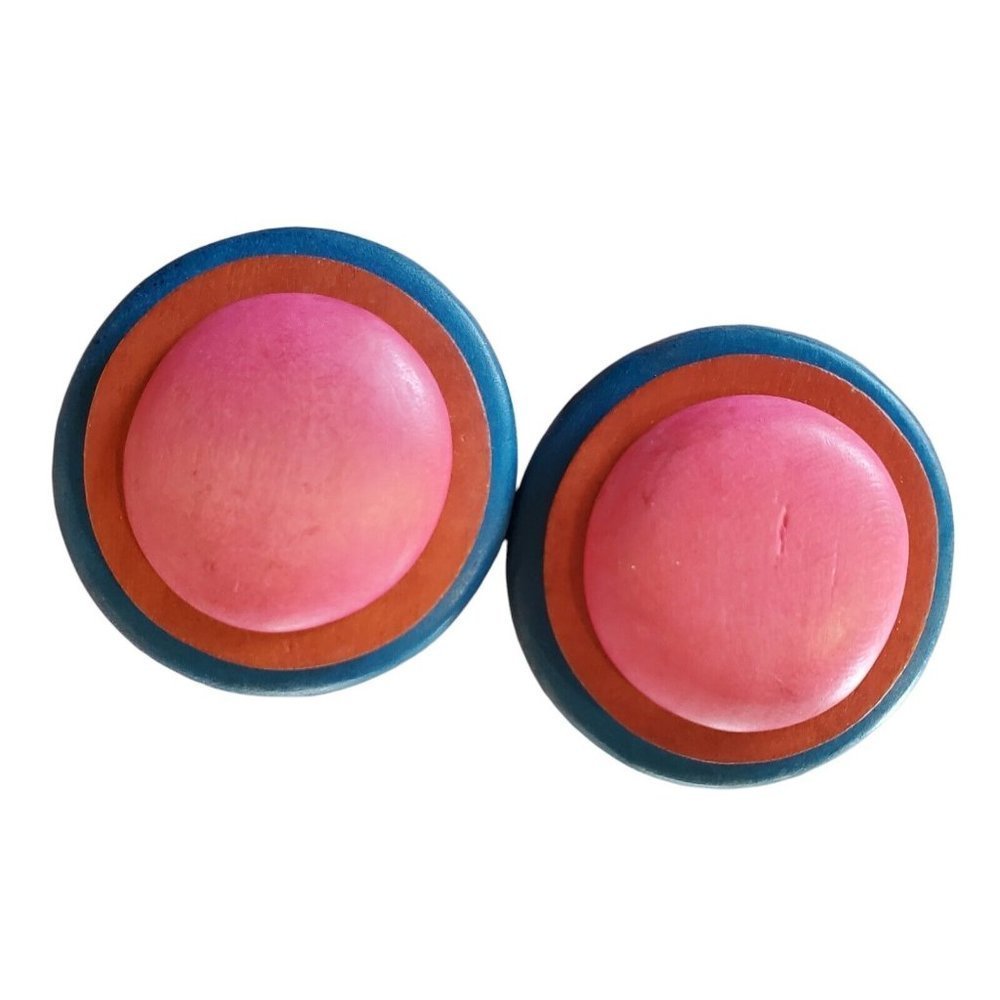 Vintage 80s Chunky Colorful Wood Dome Round Earring Studs Pierced Pink Blue 1.5"